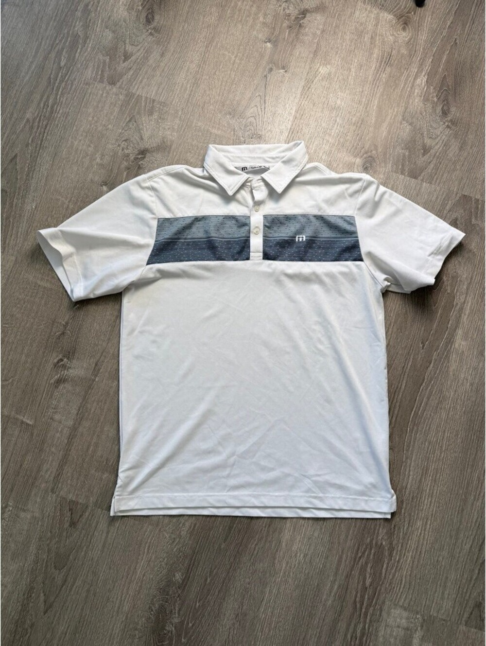 TravisMathew Men's Medium White Polo Shirt with Gray Stripe Detail